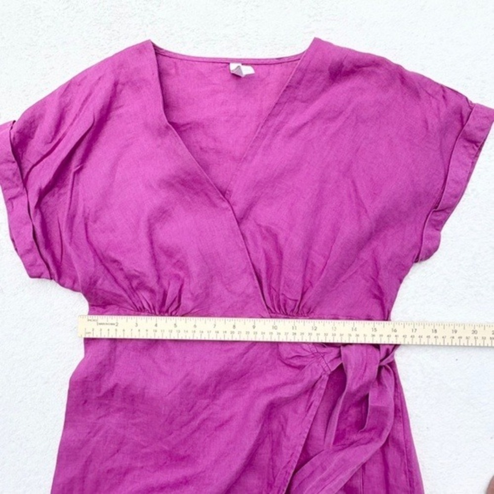 Mango Magenta Purple 100% Linen Wrap Midi Dress Size S V-Neck Side Tie - Picture 7 of 11